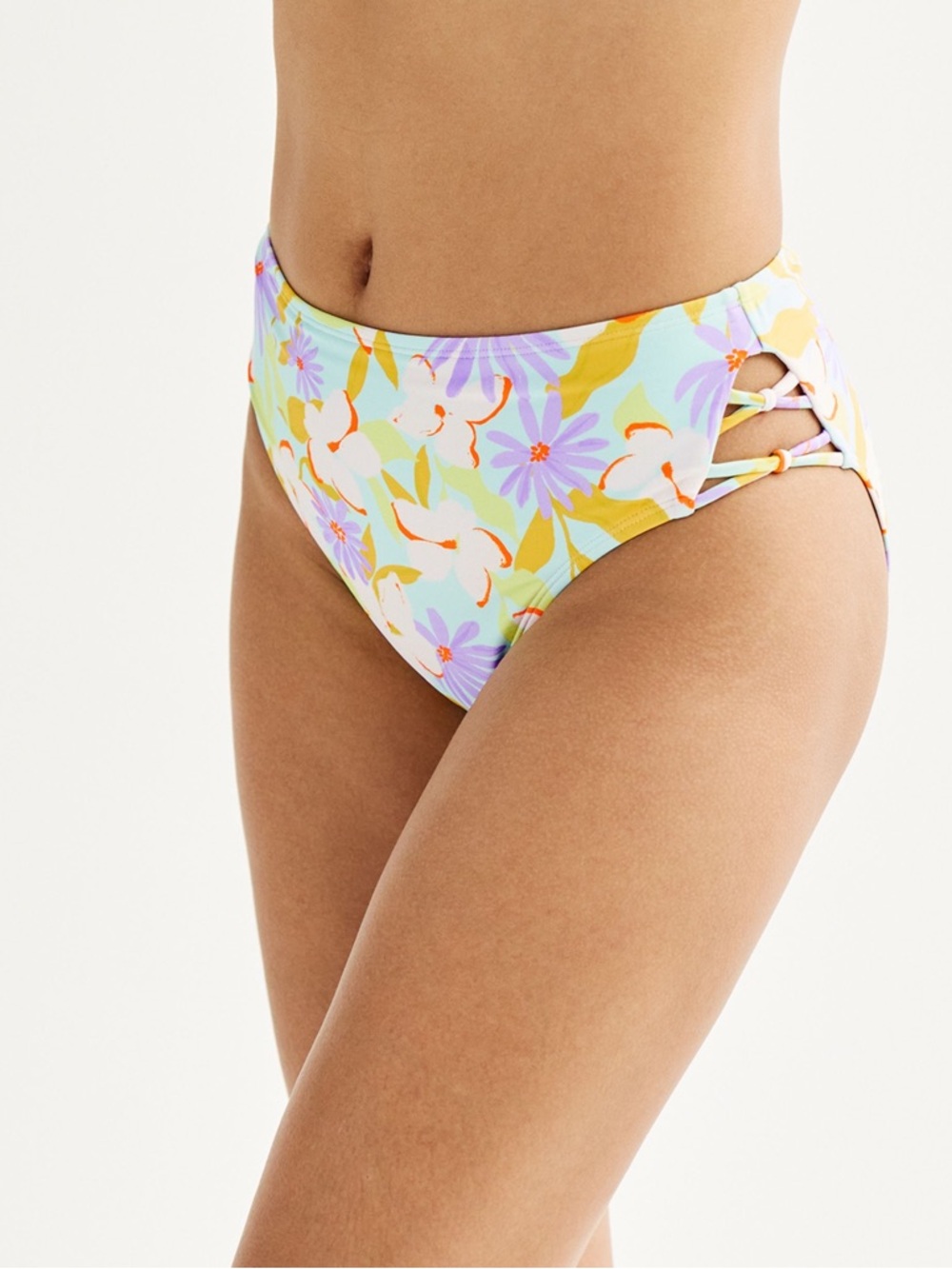 Ninety-Nine°‎ Side-Knot High-Waisted Cheeky Bikini Bottoms, Size Large